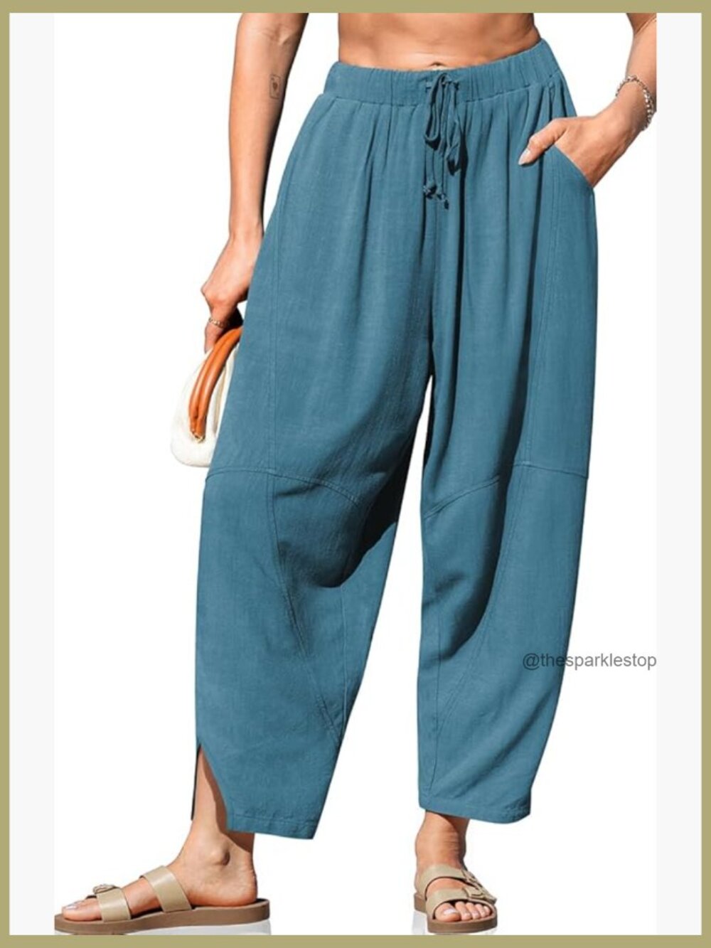 Women's Linen Harem Pants Wide Leg Cropped Drawstring Elastic Waist Pockets